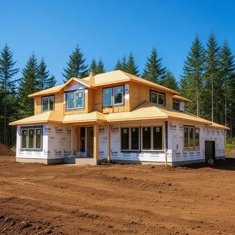 Custom craftsman home under construction with framed walls and Tyvek wrap near Estacada, Oregon