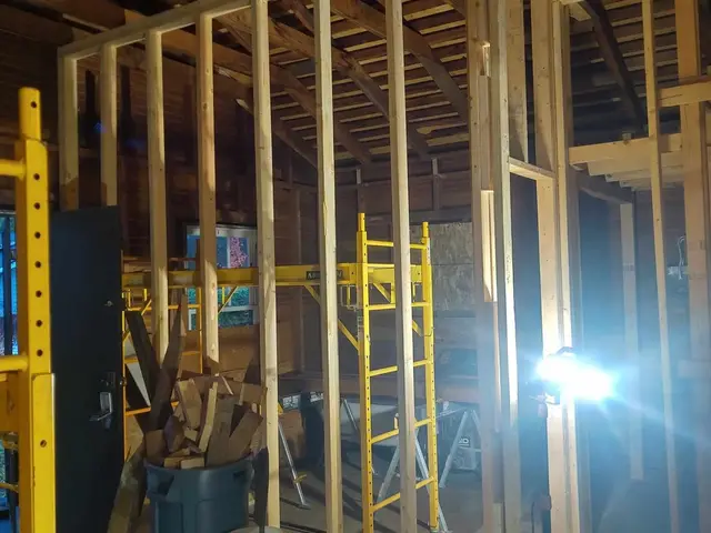Interior framing of a vaulted-ceiling room addition in progress near Sandy, OR — Devine Home Remodeling & Construction